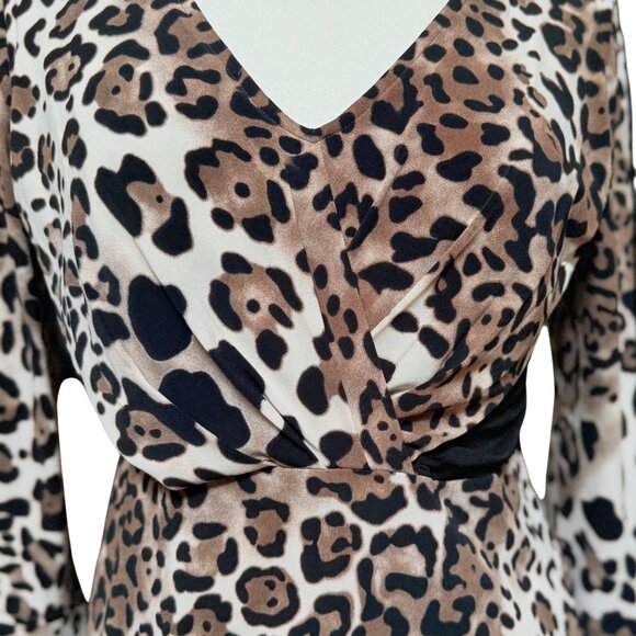 Leopard V Neck Pleat Ruched Contrast Dress Office Siren 3/4 Sleeve Stretch Sz 6 - Picture 8 of 10